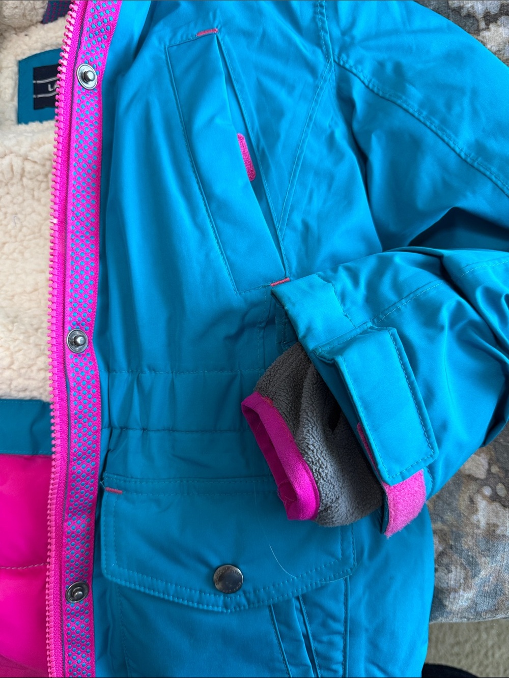 Lands' End Teal Hooded Puffer Jacket with Pink Trim - Picture 7 of 10